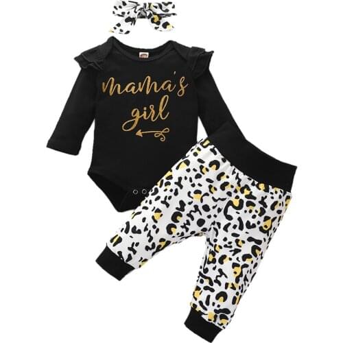 Spring Autumn Infant Newborn Toddler Girls Set Clothing Long Sleeve Print Romper Top+Leopard Floral Pants+Headband 3Pcs Outfit