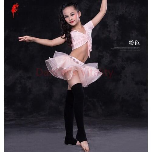 Girls belly dance clothes kids luxury belly dance suit modal short sleeves top+yarn short skirt 2pcs kids belly dance set S/M/L