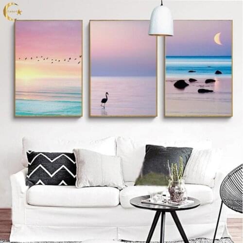 Beautiful Sunrise Sunset Canvas Painting Seaside Scenery Poster Landscape Print Wall Art Picture for Living Room Home Decor