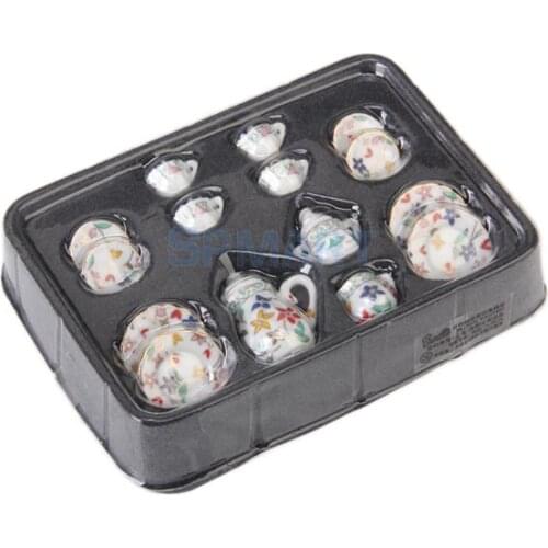 MagiDeal 15Pcs Dollhouse Miniature Dining Ware Porcelain Tea Set Dish Cup Plate Colorful Floral Print Restaurant Tableware Decor