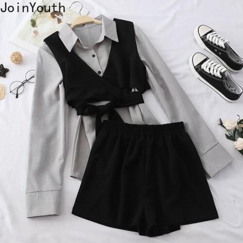 Joinyouth 2020 Spring Women 3PCS Sets Fashion Bandage Sling Vest + Long Sleeve Turn Down Collar Blouse + Shorts Suits 59153