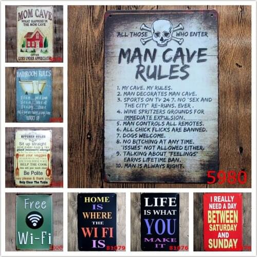 MAN CAVE RULES Retro Plaque Metal Plates Bar Pub Club Home Wall Decor ART Poster Vintage Decorative Signs Gift for Man N129