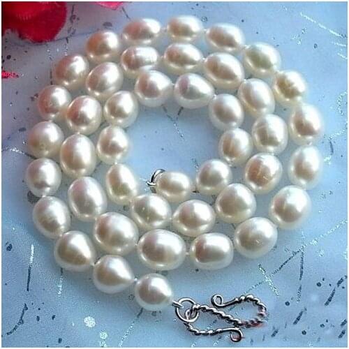 Unique Pearls jewellery Store 17'' 10mm White Rice Freshwater Cultured Pearl Necklace Fine Jewelry Women Gift