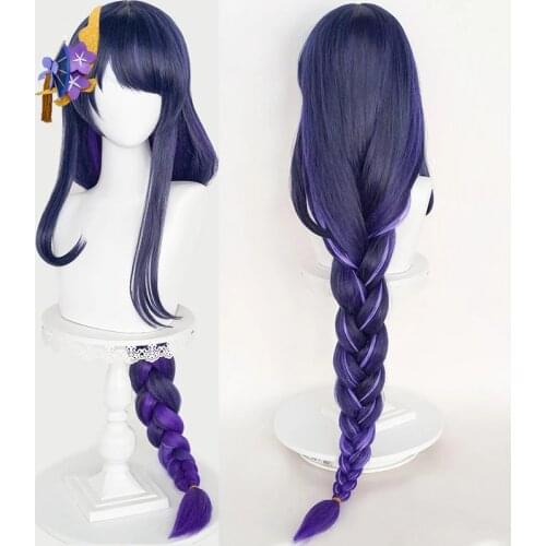 Game Genshin Impact Raiden Shogun Cosplay Wig Baal Wig Long Mixed Color Braids Heat Resistant Synthetic Hair Anime Wigs + WigCap