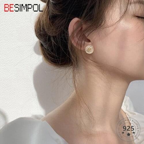Besimpol Real 925 Sterling Silver Sasanqua Earrings Vintage Elegant Flower Round Earrings For Women Fashion Silver 925 Jewelry