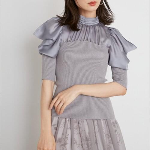 Stand Collar Puff Sleeve Chiffon Patchwork Knit Pullovers Off Shouler Slim Solid Sweaters 2021 Autumn Japanese Elegant Chic Tops