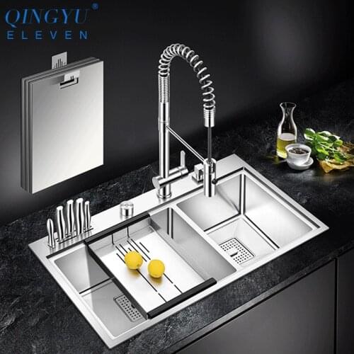 Cloaking Kitchen Sink 304 Stainless Steel 4mm Thickness Handmade Three Cover Hidden Large Size Knife Holder Double Kitchen Sinks