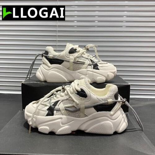 LLOGAI new Platform Sneakers Women Shoes Vulcanized Shoes Dad Shoes Women Casual Sneakers Black Beige Chunky Trainers Zapatillas