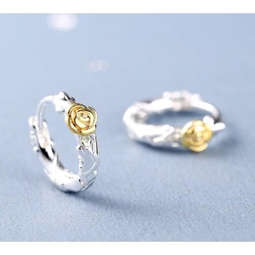 Womens Fashion Gold Color Rose Flower Hoop Earrings Two Tone Huggies Geometric Plant Branches Earring Piercing Accessories Gift