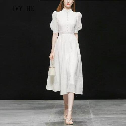 IVY HE High Quality Summer Dress Woman Clothing Luxury Hollow Out Grace White Midi Long Dress Traf Robe ZA Vintage Party Dresses