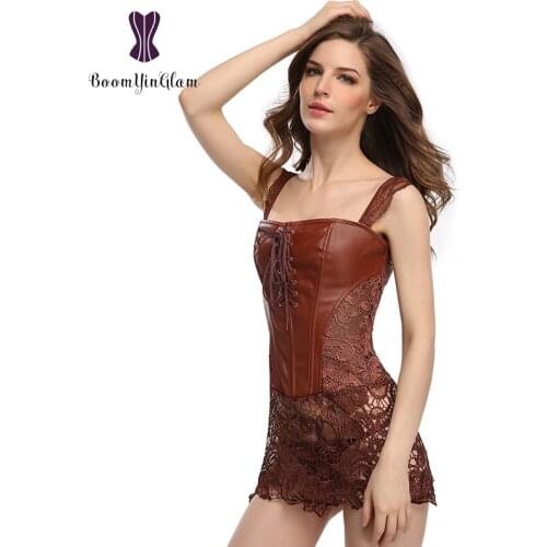 903 High quality leather clubwear sexy costume fashion women corset dress with T string