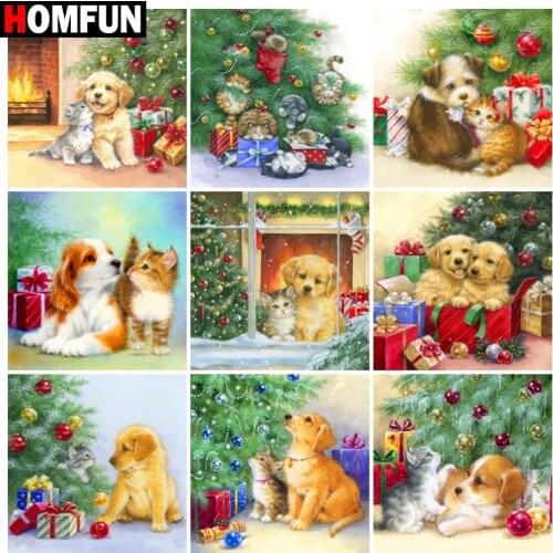 HOMFUN Diy 5d Diamond Painting "Dog christmas animal" Cross Stitch Square Round Diamond Embroidery Handwork Rhinestone Art