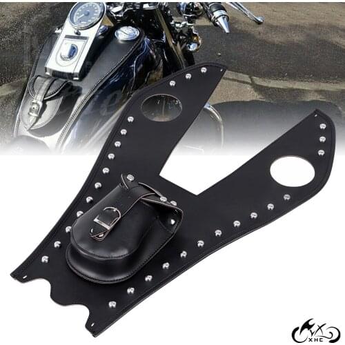 Black Leather Rivet Fuel Gas Tank Panel Cover Pad Bib With Pouch For Harley Heritage Softail FLST Springer FLSTN FLSTF LO Fatboy