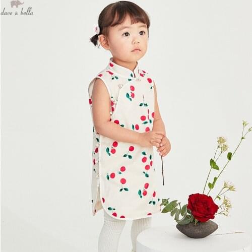 DB18371 dave bella summer baby girls Chinese style cherry print dress children fashion party dress kids infant lolita clothes