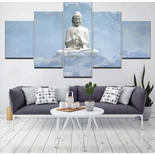 Home Decor Canvas Pictures Wall Art HD Prints Fashion Buddha Poster 5 Pieces White Marble Buddha Statues Art Paintings Framework