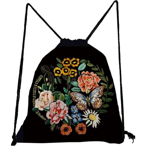 Eco Friendly Storage Bag Large Capacity Shoe Bag to School Floral Butterfly Printed Backpack Black Preppy Style Drawstring Bags
