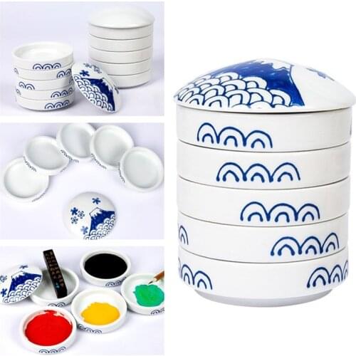 Ceramic palette watercolor gouache paint palette Jingdezhen hand-painted blue and white five-layer ink plate art supplies