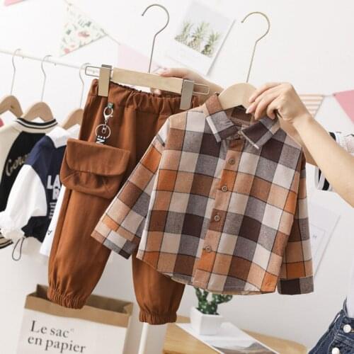 Spring Autumn Baby Kids Clothes Sets 2PCS Children Clothing Sets Cotton Toddler Plaid Lapel Shirt+Pants for Boys Clothes Outfit