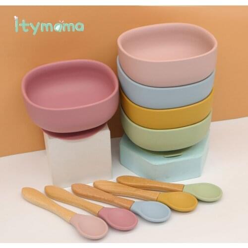 New Solid Baby Feeding Bowl Food Grade Silicone Bowl Baby Plate Non-slip Suction Bowl Kids Tableware Waterproof BPA Free Spoon