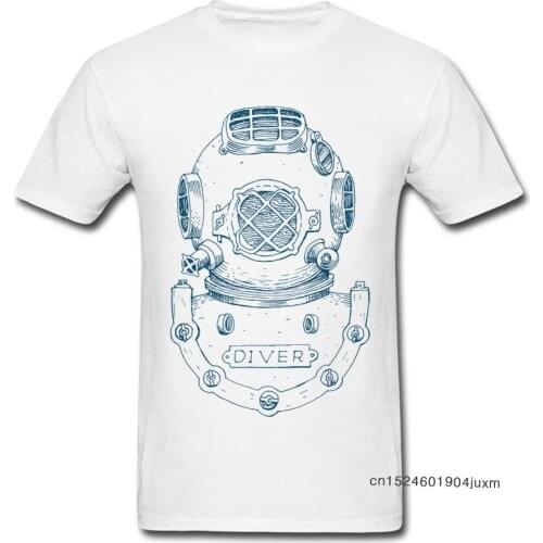 Vintage T-shirt Men White Tshirt Deep Sea Diver Helmet Illustration T Shirt Custom Print Summer Clothes Short Sleeve Tops Cotton