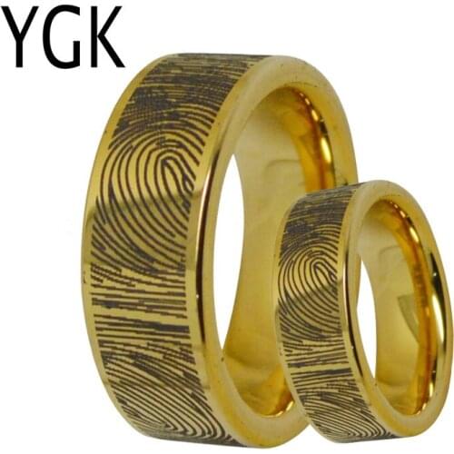 Mens Unique Tungsten Golden Wedding Couples Rings Engagement Rings For Women Fingerprint Engraved Design Female Male Ring
