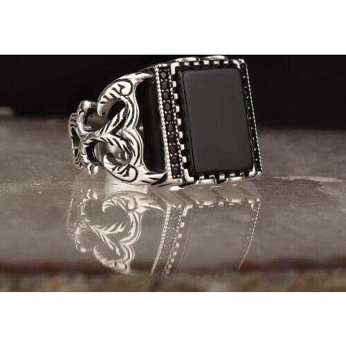 Onyx Stone Pen Engraved 925 Sterling Silver Men 'S Ring