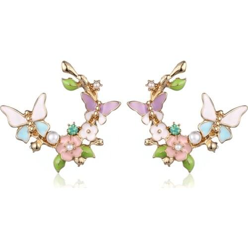 Newful Lacquer Flower Butterfly Stud Earrings For Women New Alloy Pearl Earring Fashion Jewelry boucle d'oreille femme