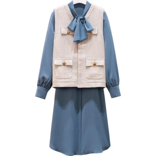 PERHAPS U 2 Pieces 1 Set Solid Color Shirt Dress Long Knitted Dress Sweater Casual Chiffon Bow Shirt Top+Tweed Vest Dress D3005