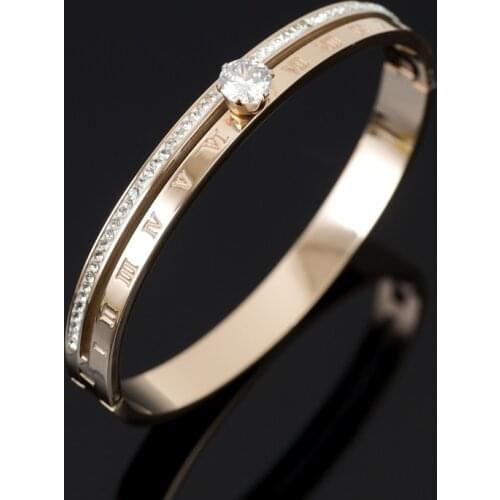 Luxury Rhinestones Roman Numerals Stainless Steel Bangles For Women Men Vintage CZ Crystals Womens Bracelets Jewelry Gifts