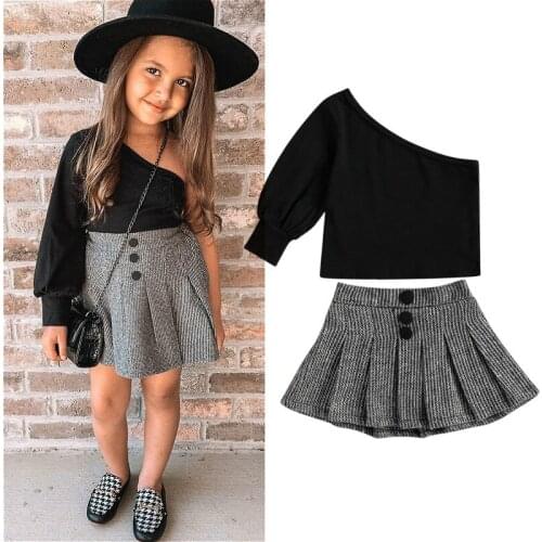 2021 New Kids Baby Girls Clothes Sets Children One Shoulder Long Sleeve Shirts and Pleated Skirts Spring Summer Kid Outfits 1-6Y