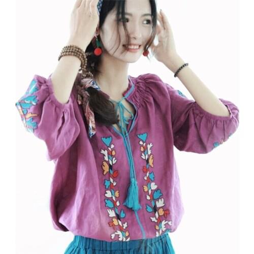 Bohemian Ethnic Style Retro Mori Girl Embroidery Loose OverSize Cotton Linen Shirt Casual Blouse Chemise Femme Lady Tunic Tops