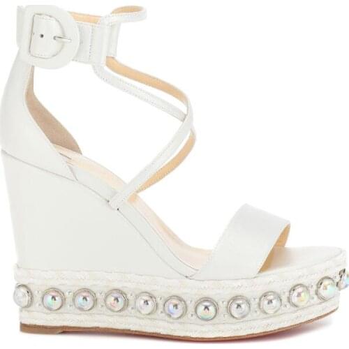 Glossy Pearl Rivets Studs Rope Braided Platform Wedge Sandal Summer Crossed Strap Woman Gladiator Beach Vacation Sandals