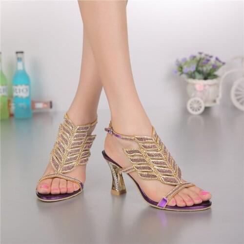 8cm Crystal Rhinestones Female High Heels Sandals Thick With Hollow Diamond Bohemian Shoes Woman Comfortable