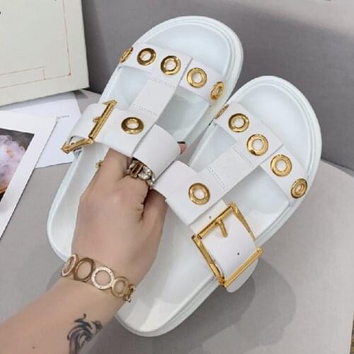 Women Summer Shoes Female Concise Black Slippers Beach Chaussure Femme Flat Round Toe Flatforms Ladies Buckle Slides Fashion