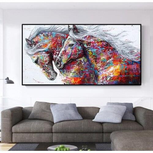 Modern Posters and Prints Graffiti Two Running Horses Wall Art Canvas Painting Animal Pictures for Living Room Home Design