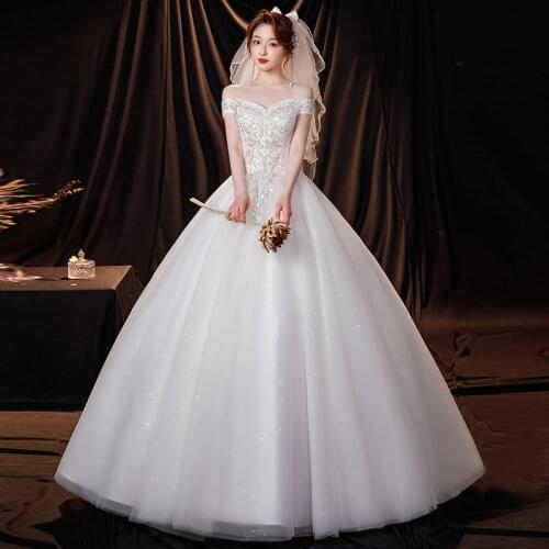 Boat Neck Wedding Dress 2021 New Birde Off The Shoulder Ball Gown Luxury Sequins Vestido De Noiva Robe De Mariee Plus Size