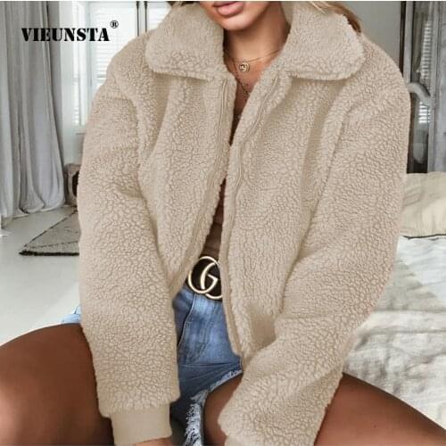 VIEUNSTA Winter Womens Clothing Warm velvet Coat Fashion Solid Color Zipper Long Sleeve Plush Overcoat Casual Teddy Coat 2021