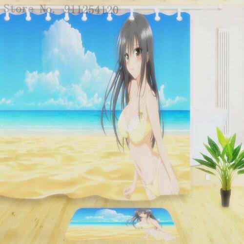Waterproof Shower Curtain with Anti Slip Rugs Anime Bathroom Screen with Hooks Bikini Lady Bathroom Decor Custom Size Bath Set