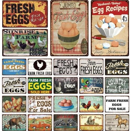 Fresh Eggs Iron Sign Farm Decoration Metal Sign Retro Shop Wall Decoration Iron Plate Hen Cock Wall Poster Picture Tin Plate