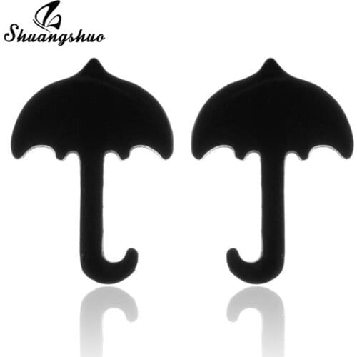 Shuangshuo Black Color Umbrella Stud Earrings for Women Girls Summer Beach Ear Jewelry Mini Stainless Steel Bijoux Ear Jewelry