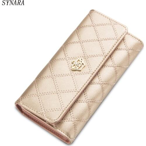 Womens Plaid PU Leather Crown Long Wallet Hasp Phone Bag Money Coin Pocket Card Holder Female Candy Colors