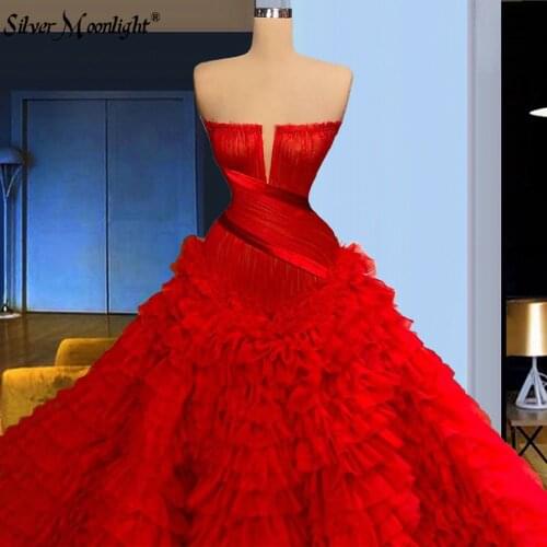 Red Ruffles Tiered Evening Dresses For Women Straples Layers Tulle Celebrity Pageant Gowns Prom Robe vestidos de fiesta
