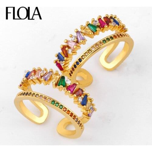 FLOLA Gold Filled Rainbow Baguette Rings for Women Adjustable Crystal Cuff Ring AAA Cubic Zirconia Open Statement Jewelry righ92