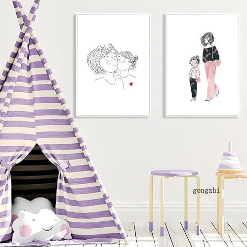 Mother and Daughter Abstract Line Canvas Painting Warm Family Poster and Prints Kids Room Wall Art Picture for Living Room Decor