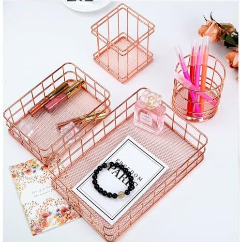 Hollow Out Dressing Table Makeup Cosmetic Organizer Box Storage Cup Rose Gold Iron Art Nordic Pen Pencil Ruler Basket Container