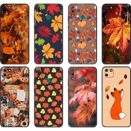 Black tpu Case For Huawei Y9S Y6S Y8S Y5P Y7P Y8P Case For Huawei Y5 lite Prime Y6Cover Autumn leaves fall fox pumpkin Halloween