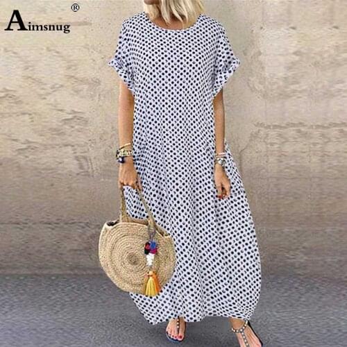 Aimsnug Long Dress Women Summer Casual O-neck Dot Print Party Dresses 2020 Plus size Ladies Vintage Loose Maxi Dress Robe Femme