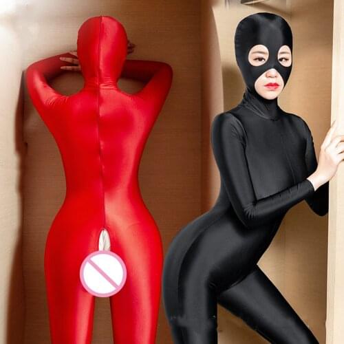 Erotic Cosplay Sexy Open Crotch Bodysuit for Women Shiny Smooth Fabric Bodystockings Nightclub Hot Sex Lingerie