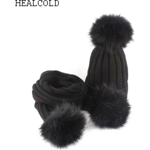 HEALCOLD Boys Girls Hat Scarf Set Kids Fur Pompom Beanies Scarf Winter Scarf Hat For Children