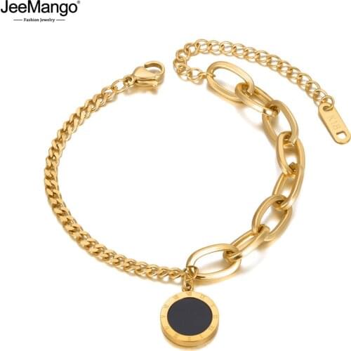 JeeMango Vintage Stainless Steel Bohemia Acrylic Chain & Link Bracelets For Women Fashion Roman Numerals Charm Bracelet JB20143